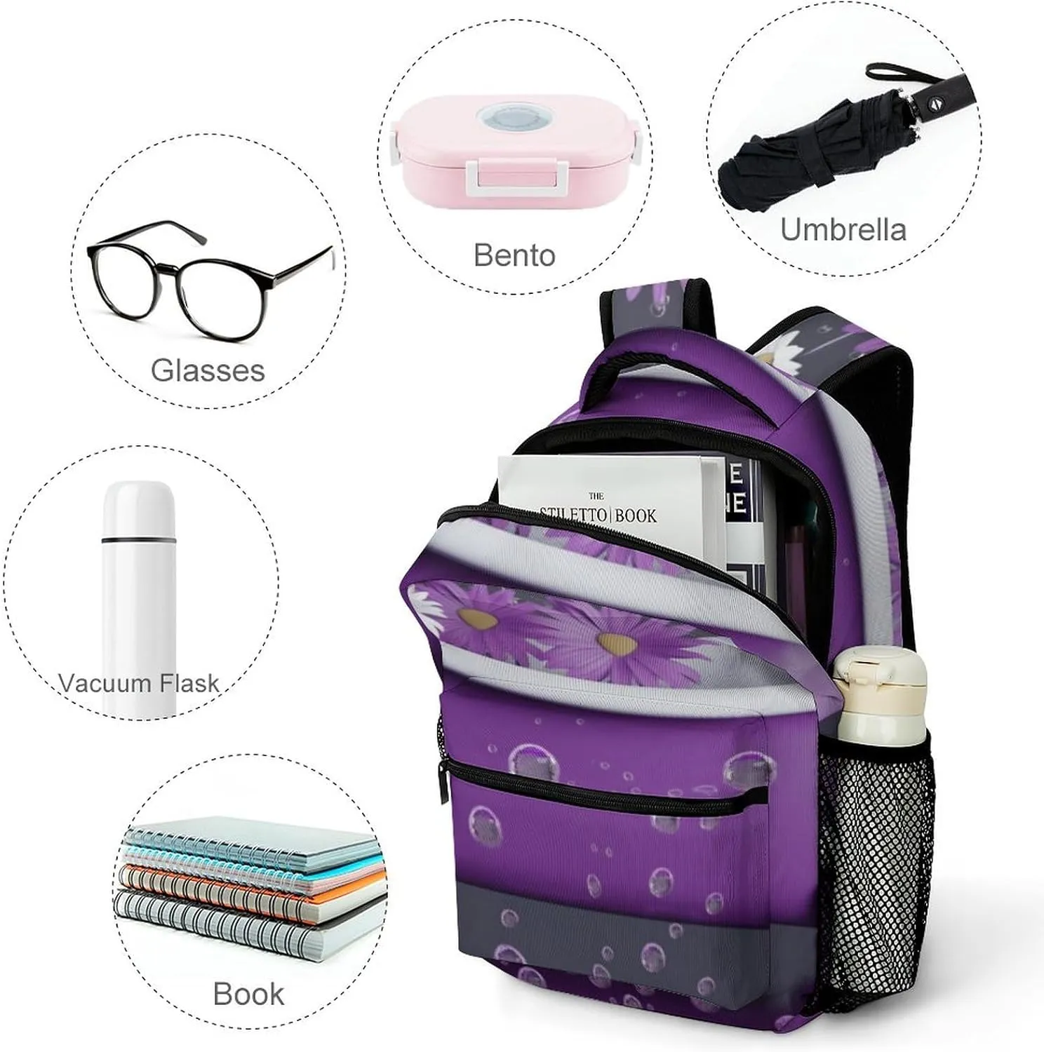 Backpack for Women Men Travel Purple Bathtub And Daisy Daypack Lightweight Laptop Bag Carry On Backpacks for Work