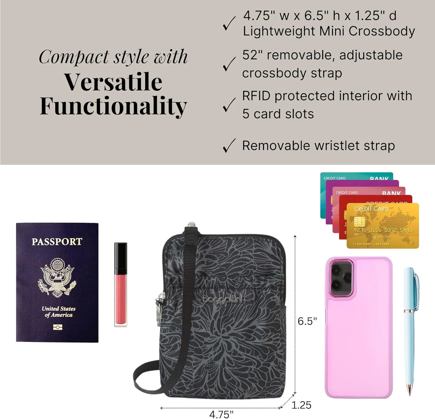 Baggallini Bryant Pouch Small Crossbody Bag for Women - Phone Purse with Crossbody Strap - Lightweight Crossbody Pouch
