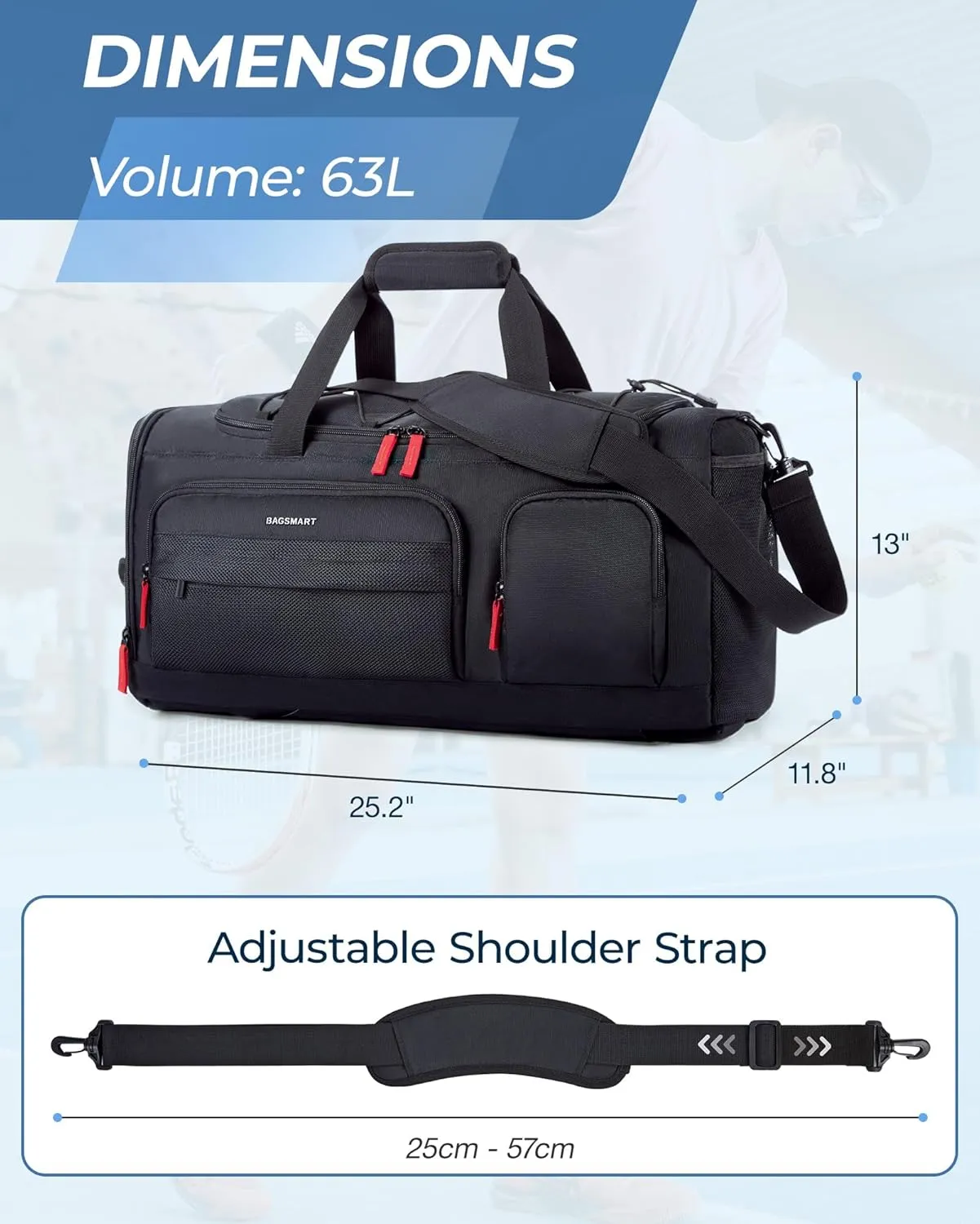 BAGSMART Large Gym Bag for Women & Men, 63L Sports Travel Duffel Bag with 15.6" Laptop CompartmentCarry On Weekender Bag for Airplane,Workout Overnight Backpack for Travel,Black