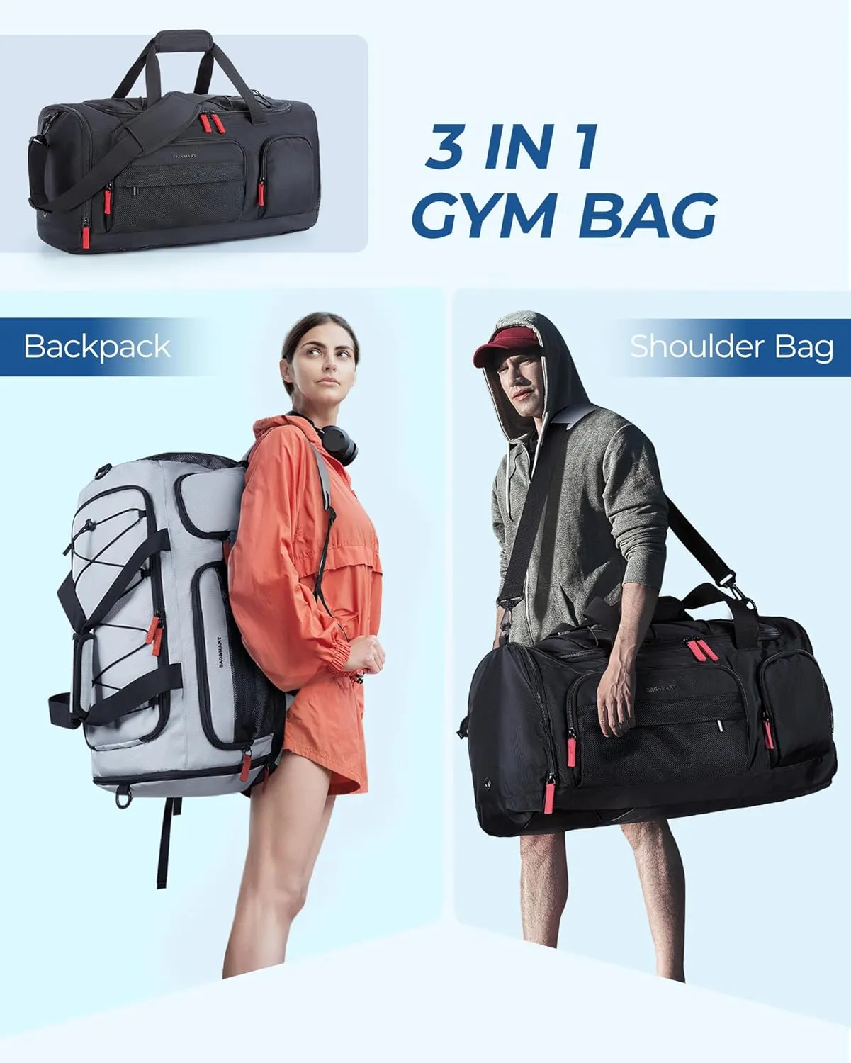 BAGSMART Large Gym Bag for Women & Men, 63L Sports Travel Duffel Bag with 15.6" Laptop CompartmentCarry On Weekender Bag for Airplane,Workout Overnight Backpack for Travel,Black