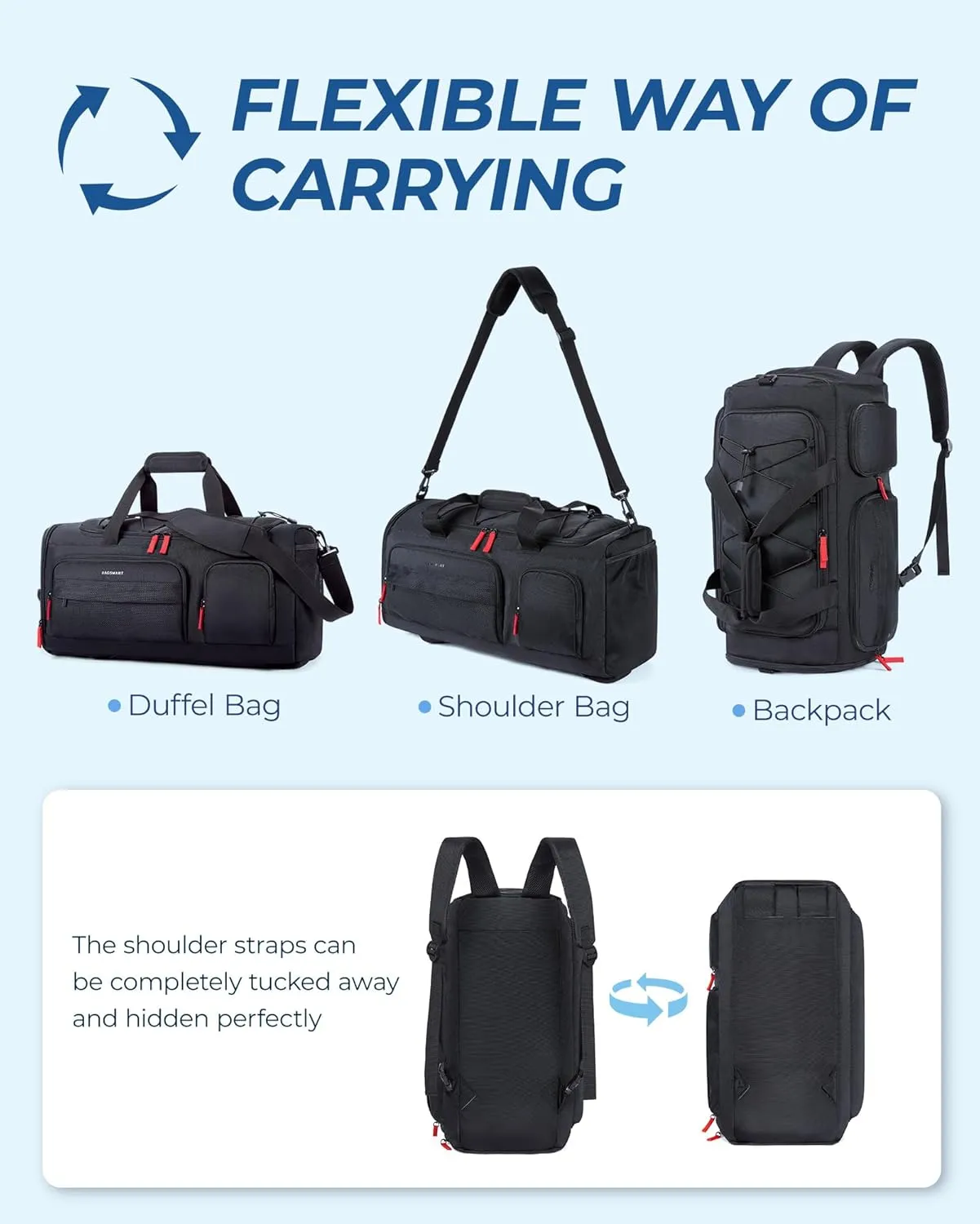 BAGSMART Large Gym Bag for Women & Men, 63L Sports Travel Duffel Bag with 15.6" Laptop CompartmentCarry On Weekender Bag for Airplane,Workout Overnight Backpack for Travel,Black