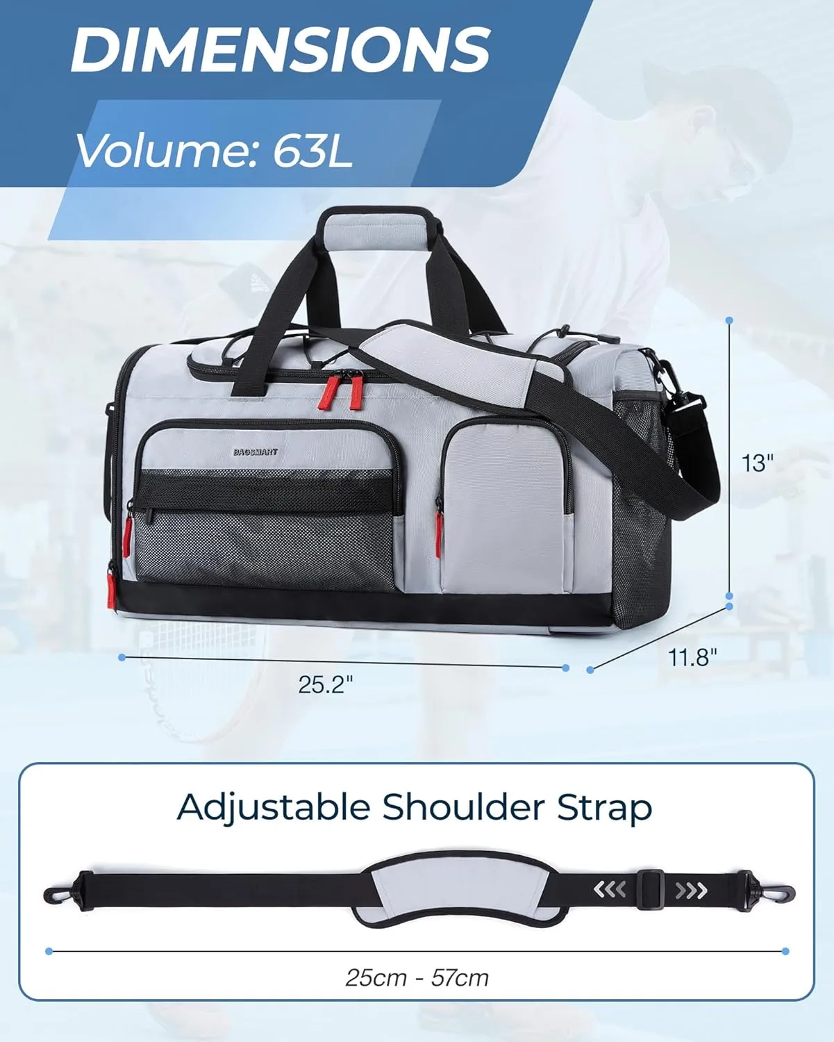 BAGSMART Large Gym Bag for Women & Men, 63L Sports Travel Duffel Bag with Shoe Laptop CompartmentAnti-Theft Carry On Weekender Bag for Travel,Workout Overnight Backpack,Grey