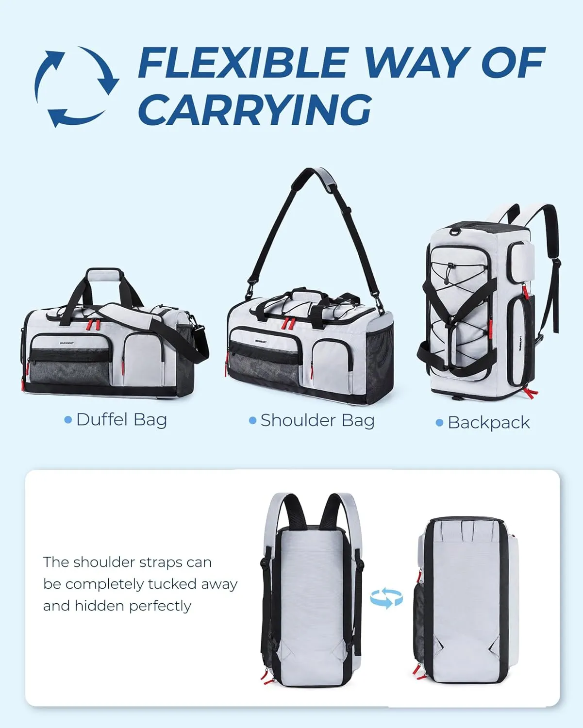 BAGSMART Large Gym Bag for Women & Men, 63L Sports Travel Duffel Bag with Shoe Laptop CompartmentAnti-Theft Carry On Weekender Bag for Travel,Workout Overnight Backpack,Grey