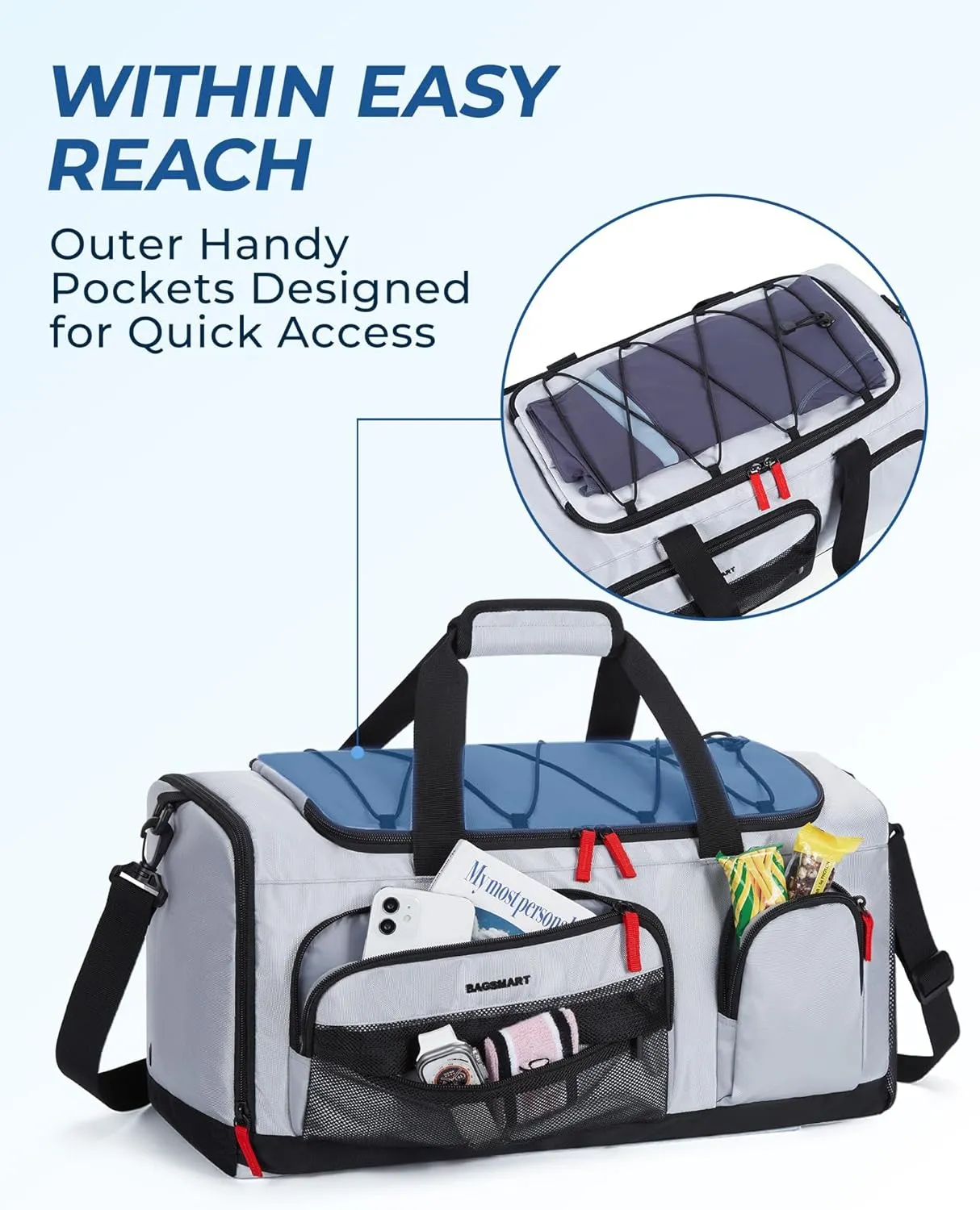 BAGSMART Large Gym Bag for Women & Men, 63L Sports Travel Duffel Bag with Shoe Laptop CompartmentAnti-Theft Carry On Weekender Bag for Travel,Workout Overnight Backpack,Grey