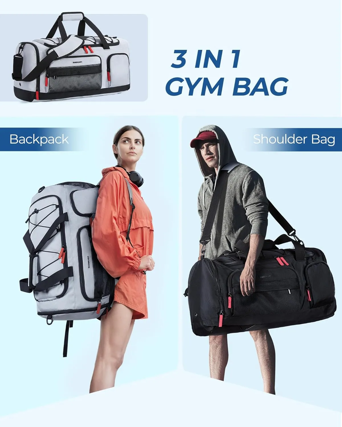 BAGSMART Large Gym Bag for Women & Men, 63L Sports Travel Duffel Bag with Shoe Laptop CompartmentAnti-Theft Carry On Weekender Bag for Travel,Workout Overnight Backpack,Grey