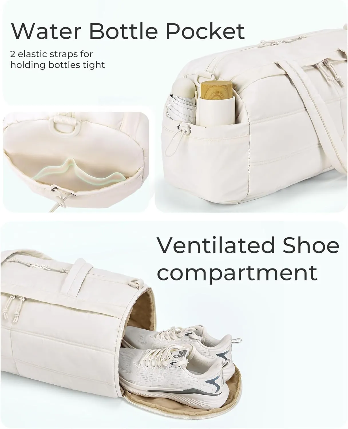 BAGSMART Puffer Gym Bag for Women, Lightweight Duffel Bag with Shoe Compartment, Weekender Bags with Wet Pocket, Workout Overnight Carry on Bag for Travel, Light Tan
