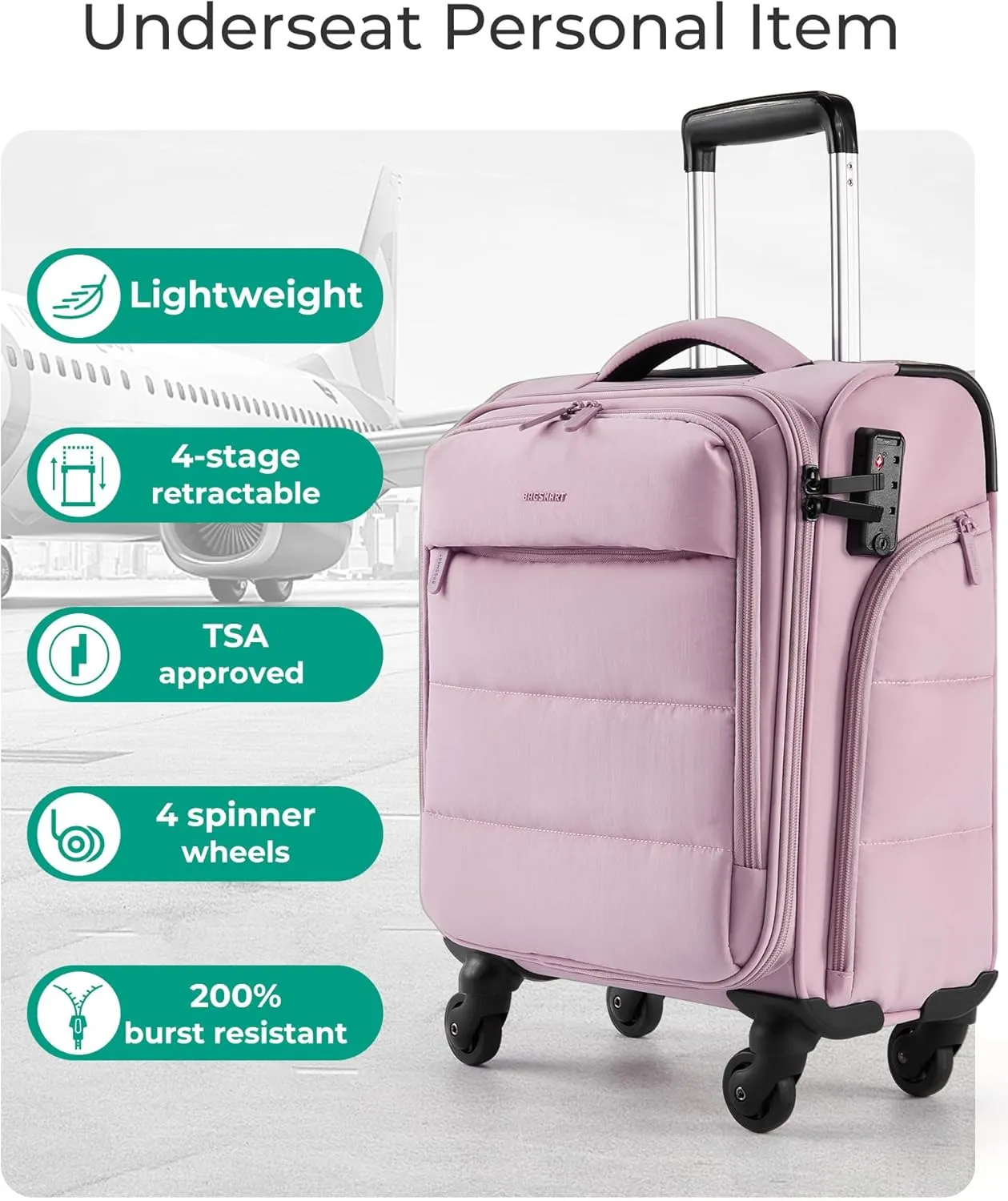 BAGSMART Underseat Carry on Luggage with Wheels, Soft Underseat Travel Luggage with PVC Wet/Dry Pockets, Lightweight Soft Personal Item Suitcase for Short Trip, Pinkish Purple