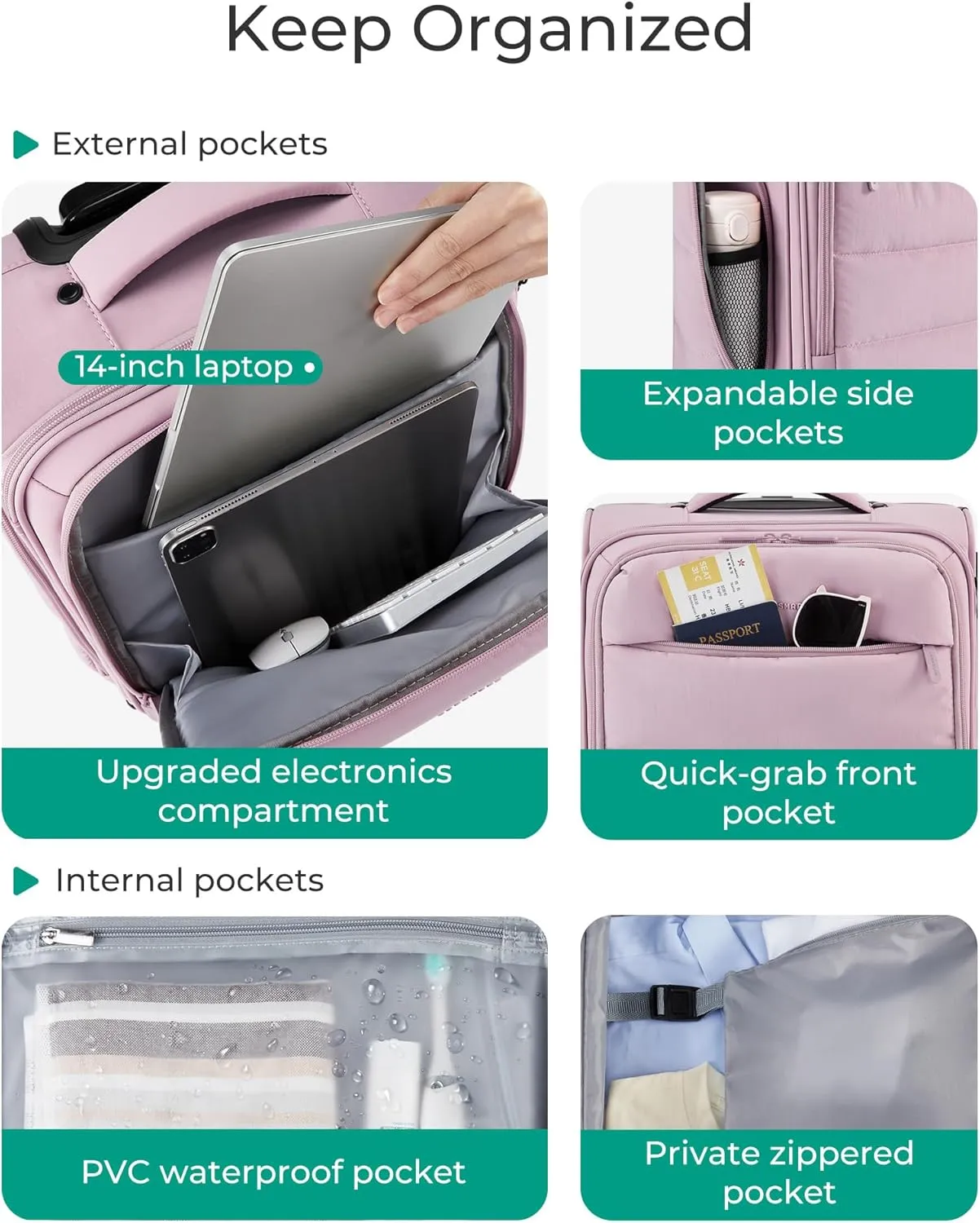 BAGSMART Underseat Carry on Luggage with Wheels, Soft Underseat Travel Luggage with PVC Wet/Dry Pockets, Lightweight Soft Personal Item Suitcase for Short Trip, Pinkish Purple