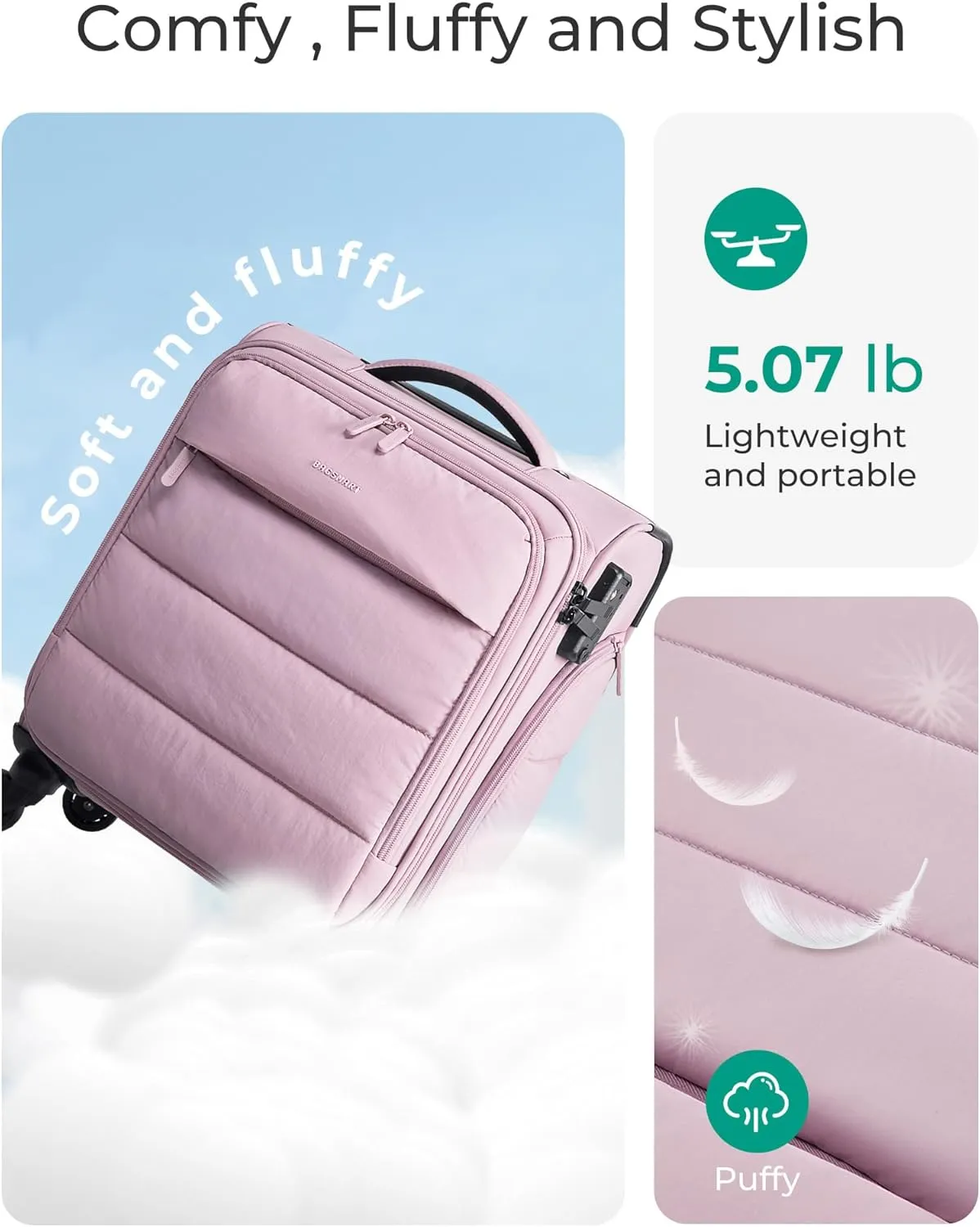 BAGSMART Underseat Carry on Luggage with Wheels, Soft Underseat Travel Luggage with PVC Wet/Dry Pockets, Lightweight Soft Personal Item Suitcase for Short Trip, Pinkish Purple