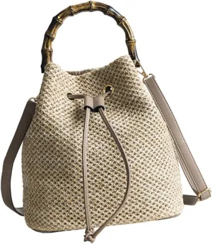 Bamboo Bucket Bag Straw Shoulder Handbag Women's Crossbody Bag for Daily Use