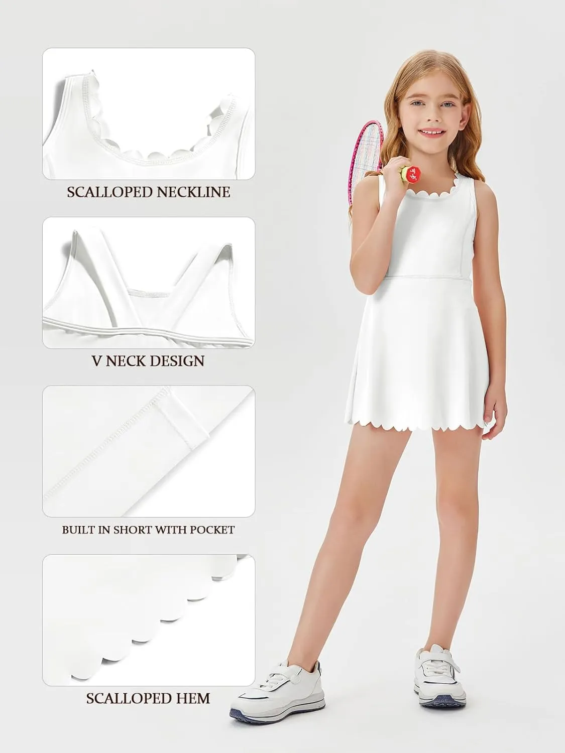 Batermoon Girls Athletic Tennis Dress with Shorts Kids Workout Exercise Golf Skirts Dresses with Pockets