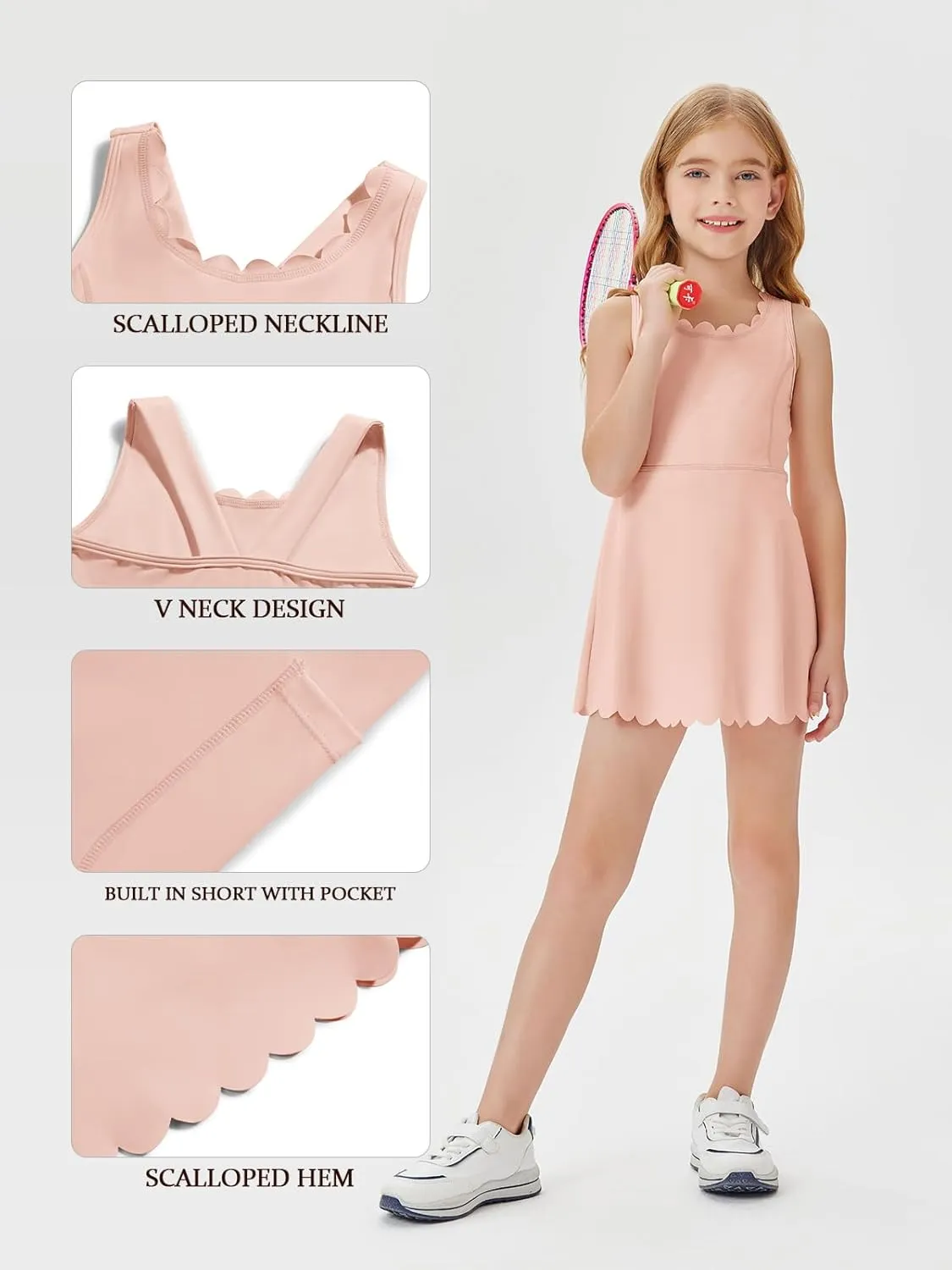 Batermoon Girls Athletic Tennis Dress with Shorts Kids Workout Exercise Golf Skirts Dresses with Pockets