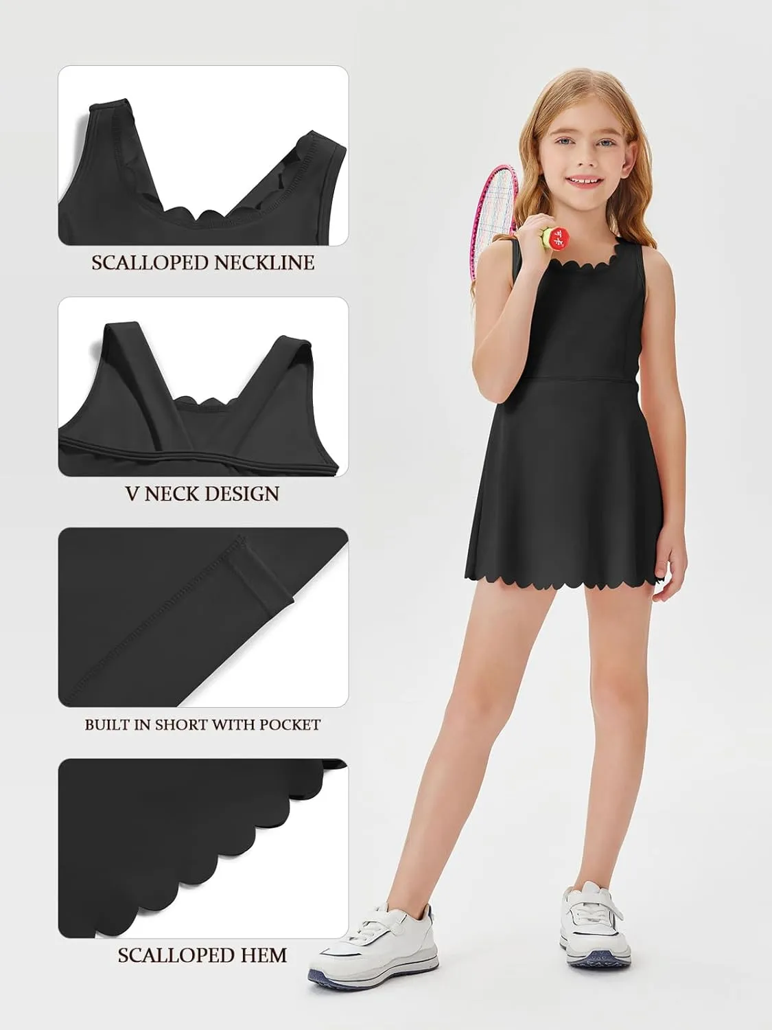 Batermoon Girls Athletic Tennis Dress with Shorts Kids Workout Exercise Golf Skirts Dresses with Pockets