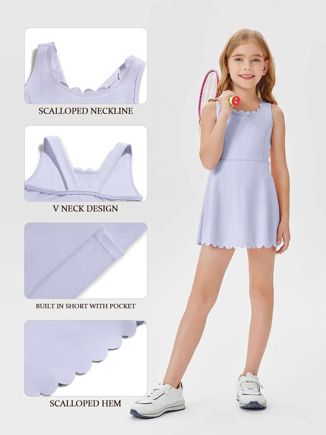 Batermoon Girls Athletic Tennis Dress with Shorts Kids Workout Exercise Golf Skirts Dresses with Pockets