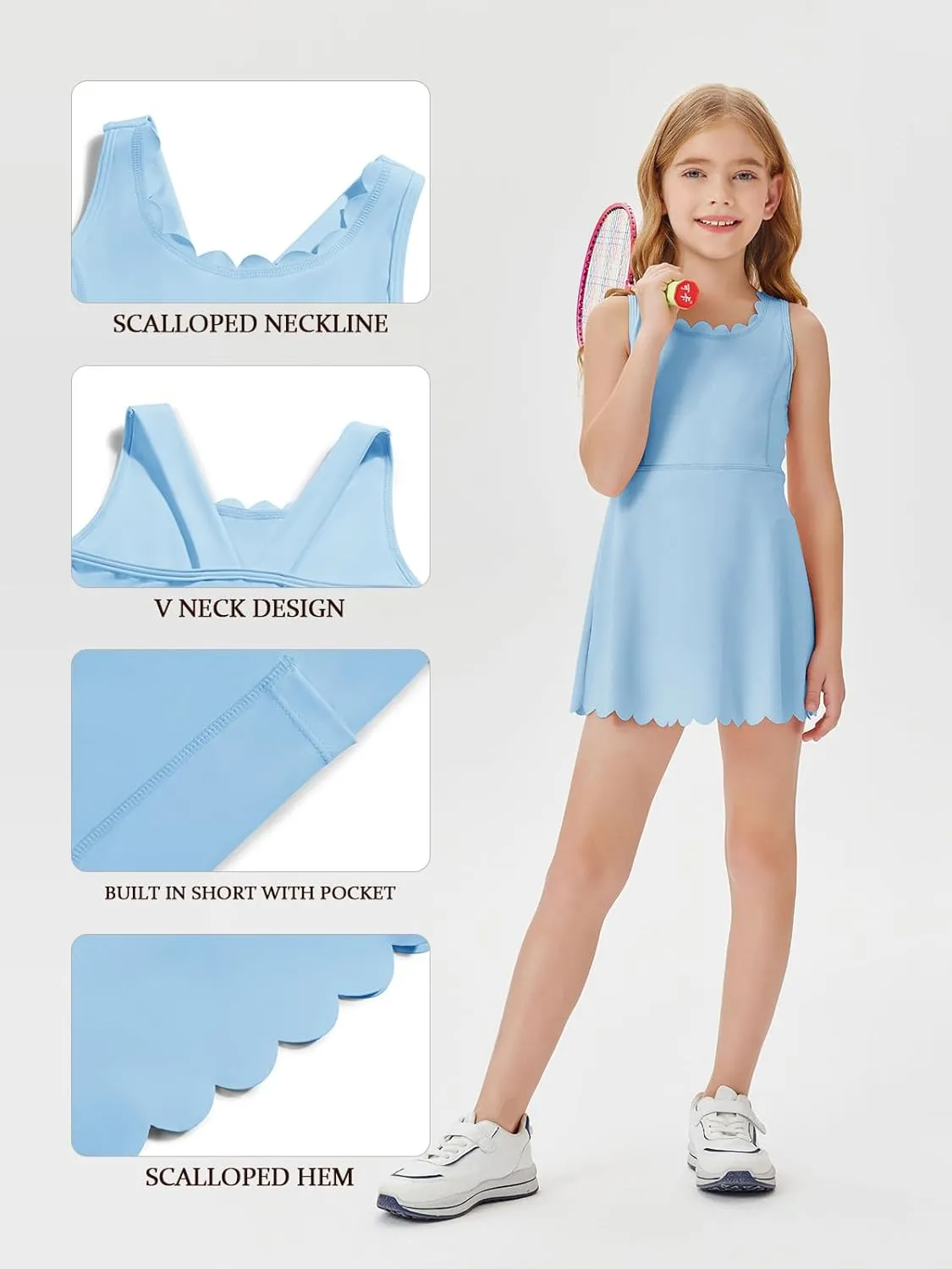 Batermoon Girls Athletic Tennis Dress with Shorts Kids Workout Exercise Golf Skirts Dresses with Pockets