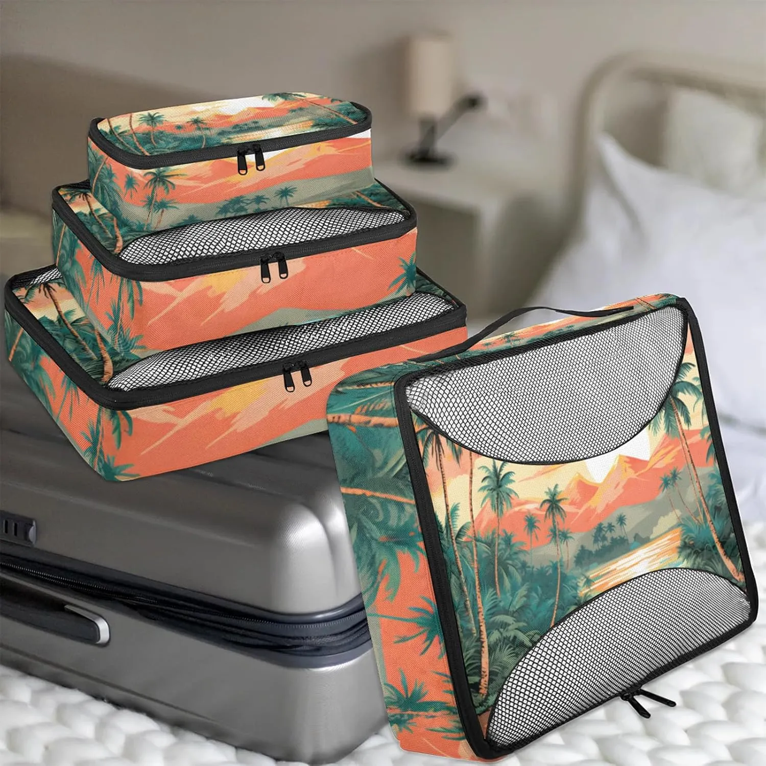 Beach Theme 4 Pack Packing Cubes for Travel Lightweight Luggage Organizer Bag for Men Women Suitcase Packing Bags Set for Travel Essentials