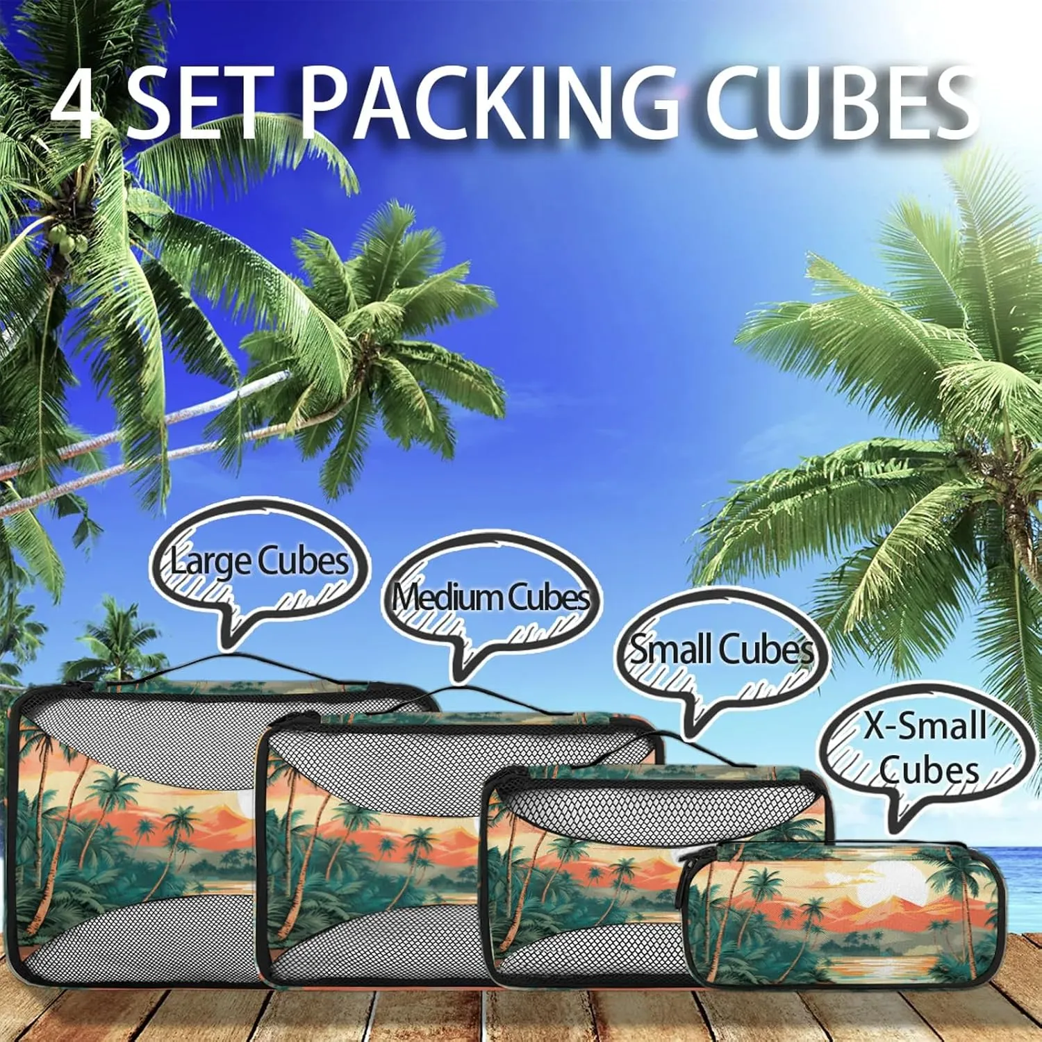 Beach Theme 4 Pack Packing Cubes for Travel Lightweight Luggage Organizer Bag for Men Women Suitcase Packing Bags Set for Travel Essentials