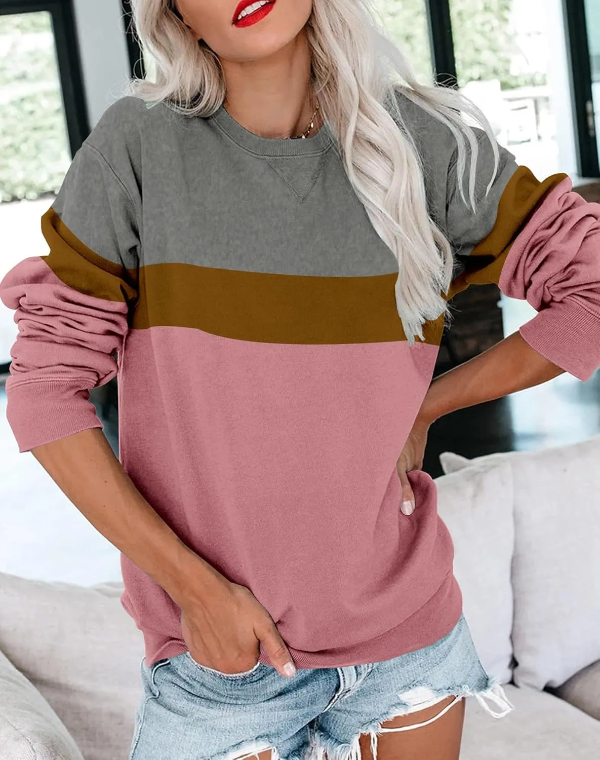 BeadChica Womens Casual Crewneck Sweatshirt Long Sleeve Tops Cute Pullover Loose Fit