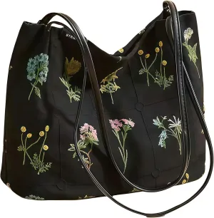 Beautiful floral embroidery, magnetic buckles and reusable canvas Single shoulder bag,Suitable for daily shopping, travel, work, fitness and daily use.