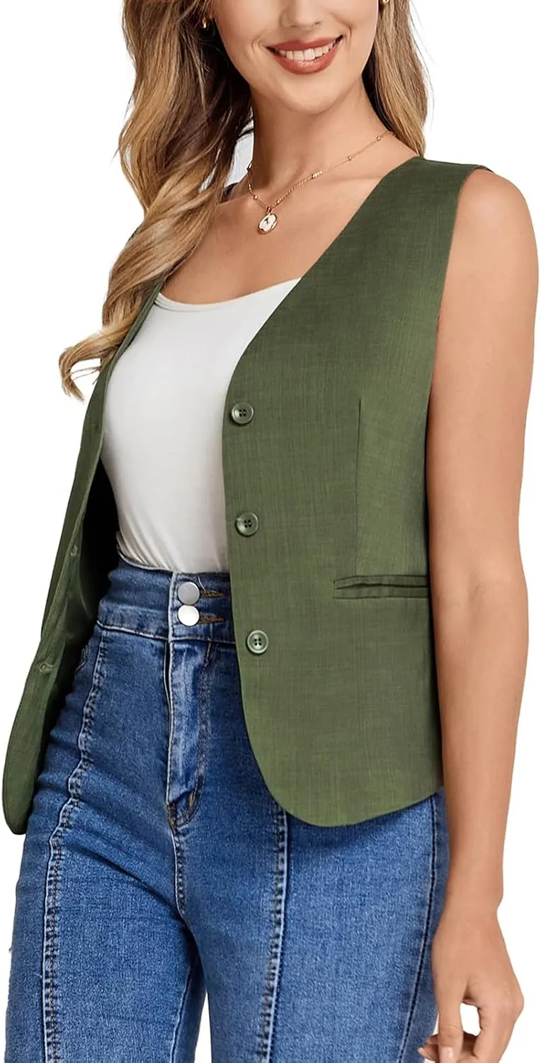 Belle Poque Women Suit Vest Button Down Dressy Vest Tops Waistcoat with Pockets