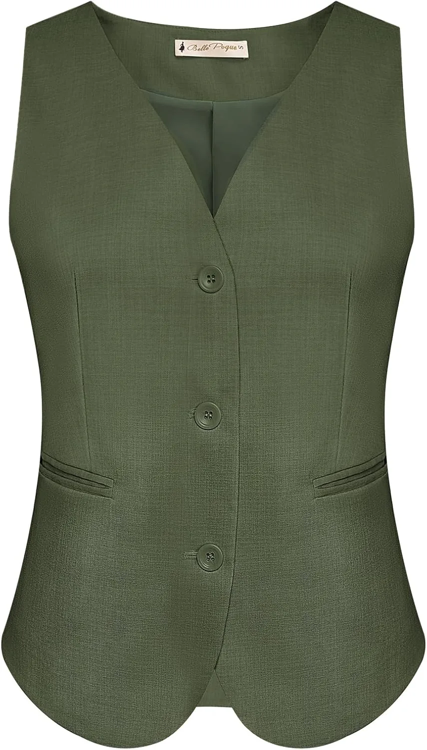 Belle Poque Women Suit Vest Button Down Dressy Vest Tops Waistcoat with Pockets