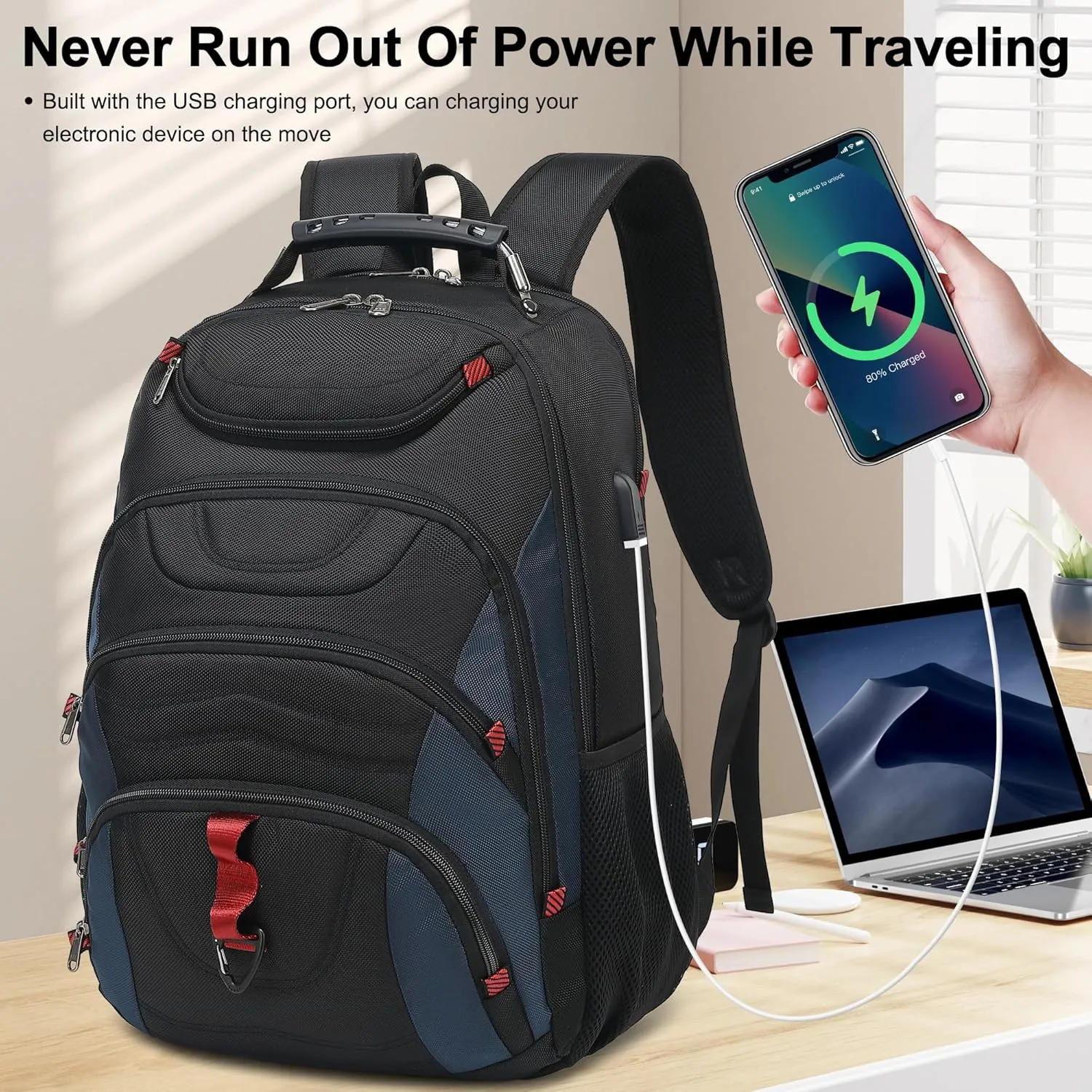 Boavan Laptop Backpack for men, 17.3 inch Laptop Bag with USB Port, Waterproof Travel Work Backpack Purse, Anti-Theft Teacher Nurse Doctor Casual Bookbags Office Business backpackBlack&Classic Navy