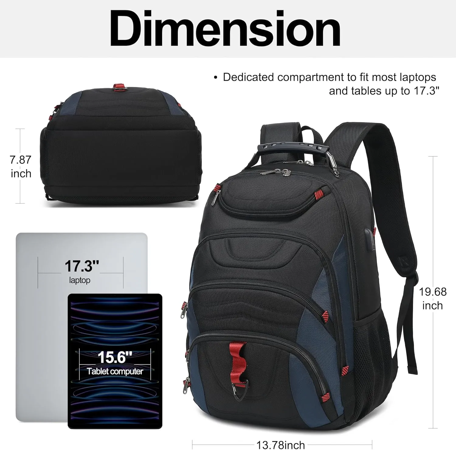 Boavan Laptop Backpack for men, 17.3 inch Laptop Bag with USB Port, Waterproof Travel Work Backpack Purse, Anti-Theft Teacher Nurse Doctor Casual Bookbags Office Business backpackBlack&Classic Navy