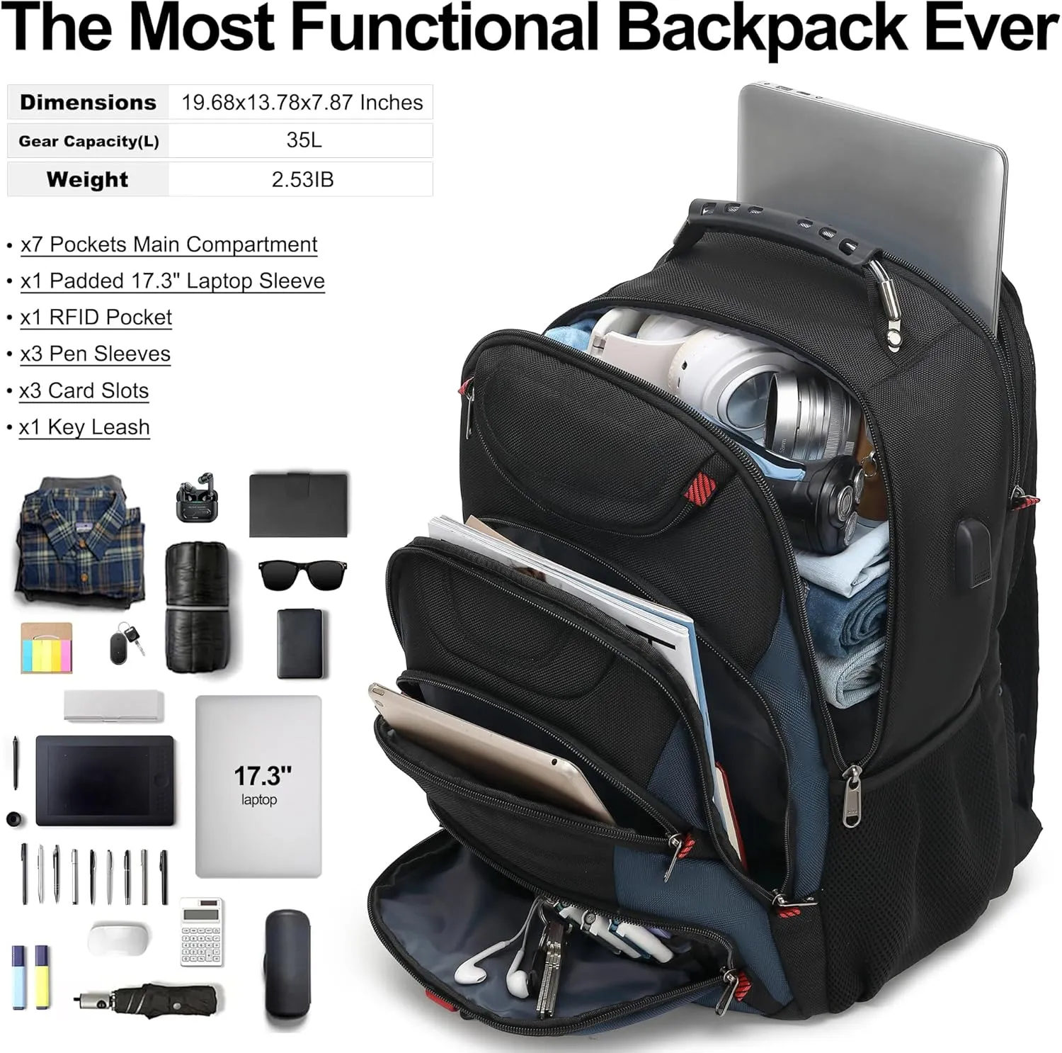 Boavan Laptop Backpack for men, 17.3 inch Laptop Bag with USB Port, Waterproof Travel Work Backpack Purse, Anti-Theft Teacher Nurse Doctor Casual Bookbags Office Business backpackBlack&Classic Navy