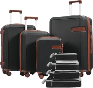 Brown Black 4 Piece Luggage Set with Compression Packing Cubes for Suitcase