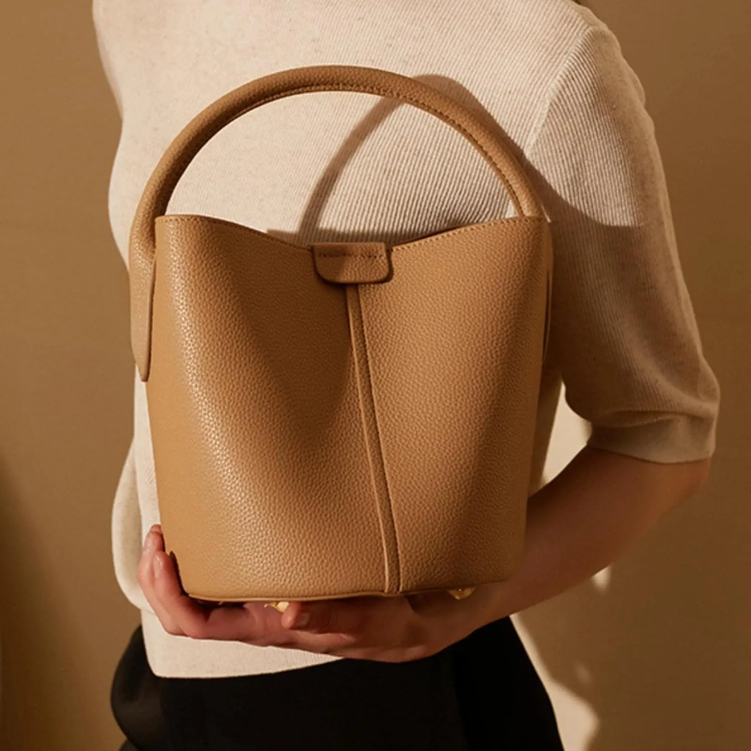 Bucket Bags for Women, Full Grain Cow Leather Crossbody Handbags Top-handle Clutch Purses Sling Satchel for Daily Use