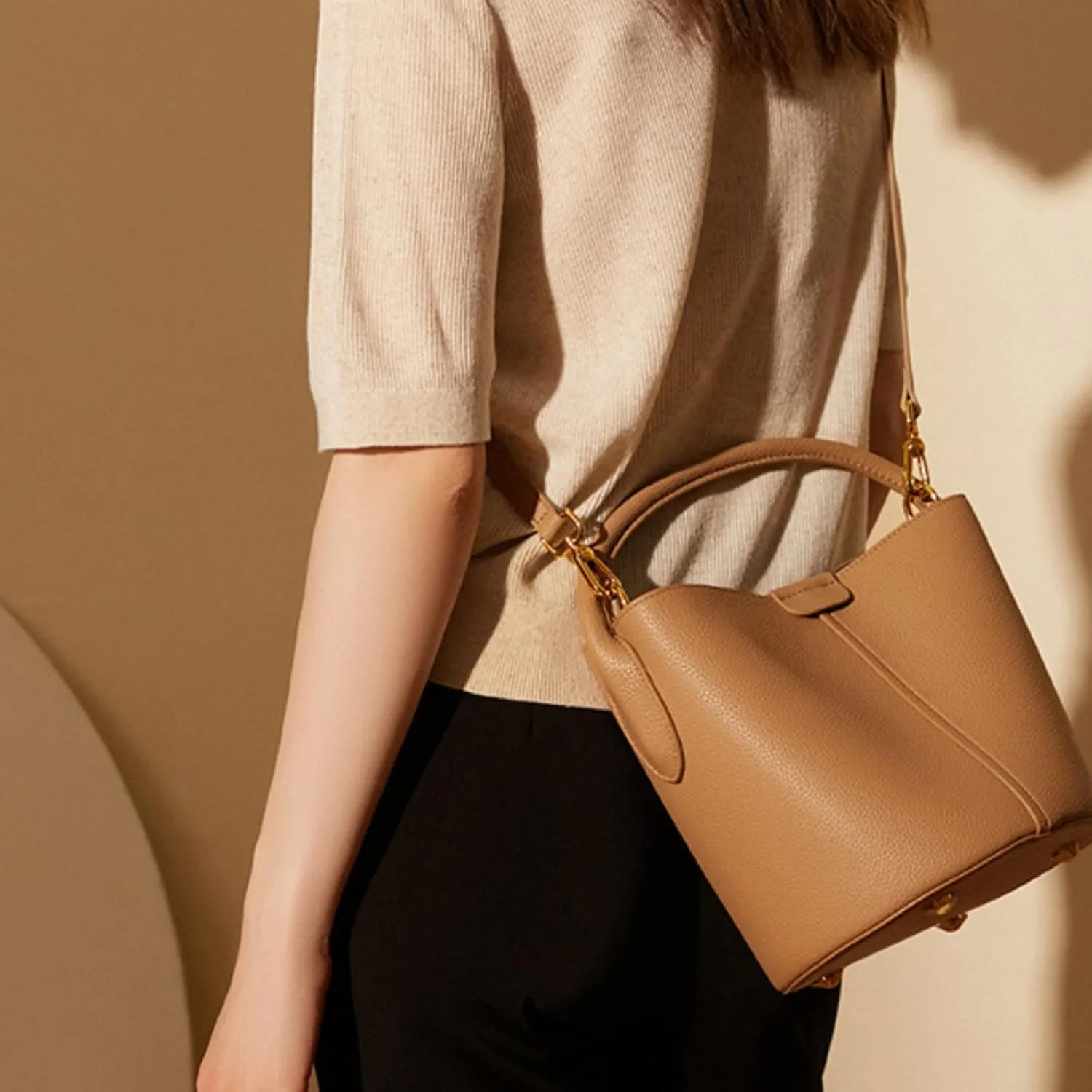 Bucket Bags for Women, Full Grain Cow Leather Crossbody Handbags Top-handle Clutch Purses Sling Satchel for Daily Use