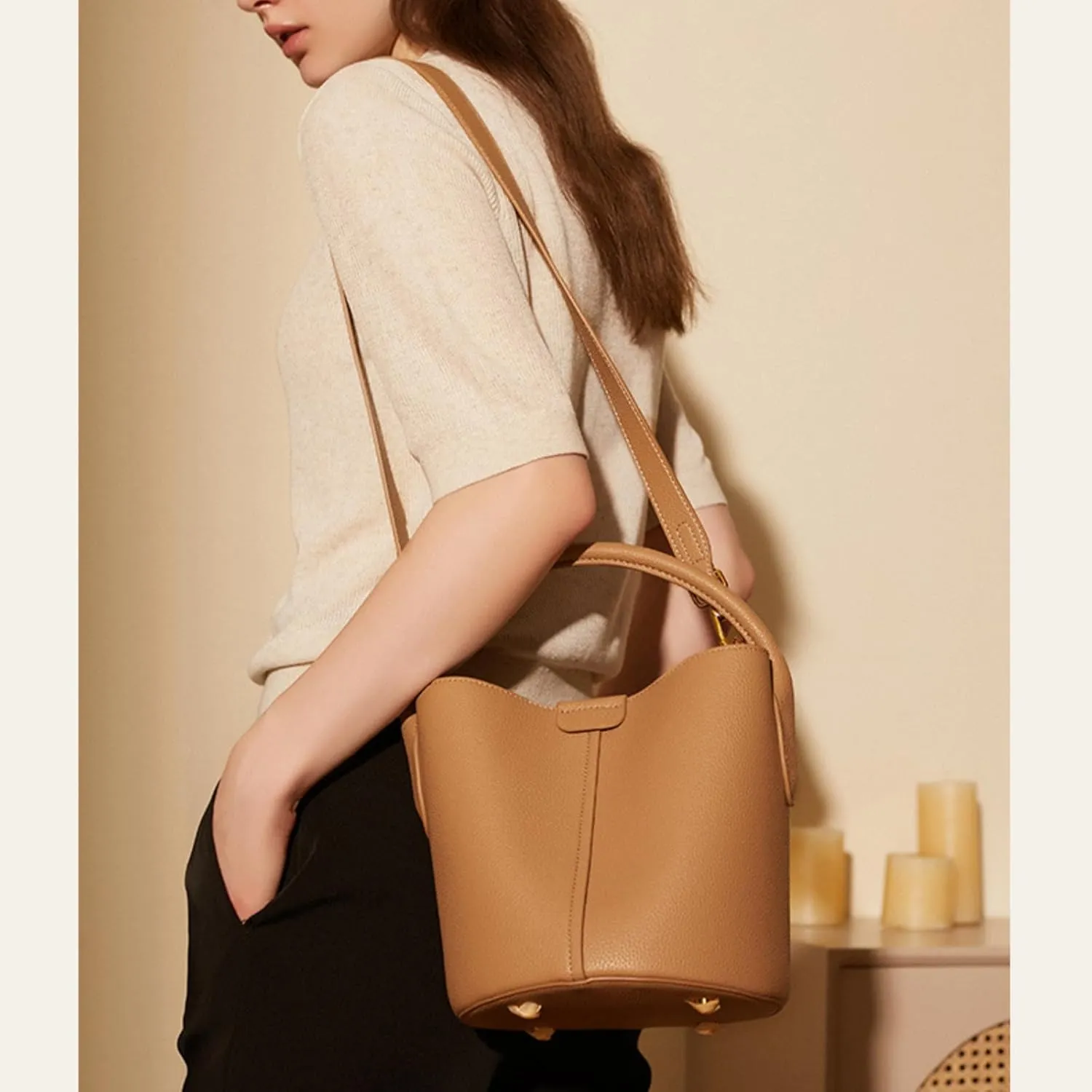 Bucket Bags for Women, Full Grain Cow Leather Crossbody Handbags Top-handle Clutch Purses Sling Satchel for Daily Use