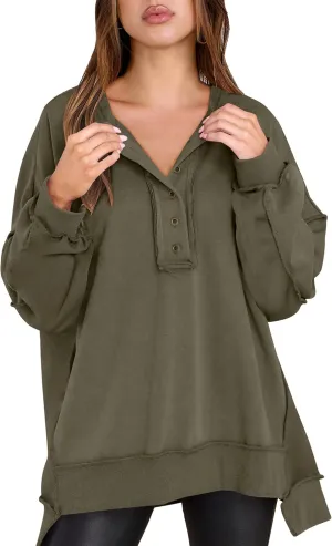 Caracilia Women's Oversized Sweatshirts Long Sleeve Henley Button Down Pullover Hoodies Tunic Tops 2025 Trendy Fall Clothes