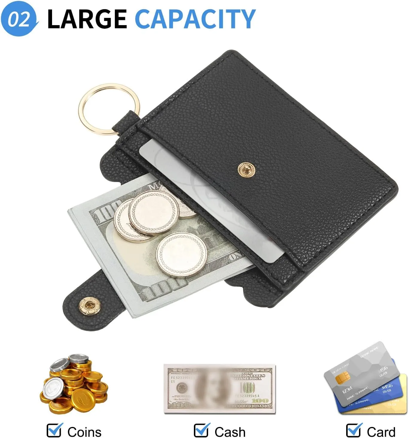 Card Holder Wallet with Keychain Wristlet, Slim PU Leather Wallet for Women, Compact and Lightweight Design for Daily Use, Black