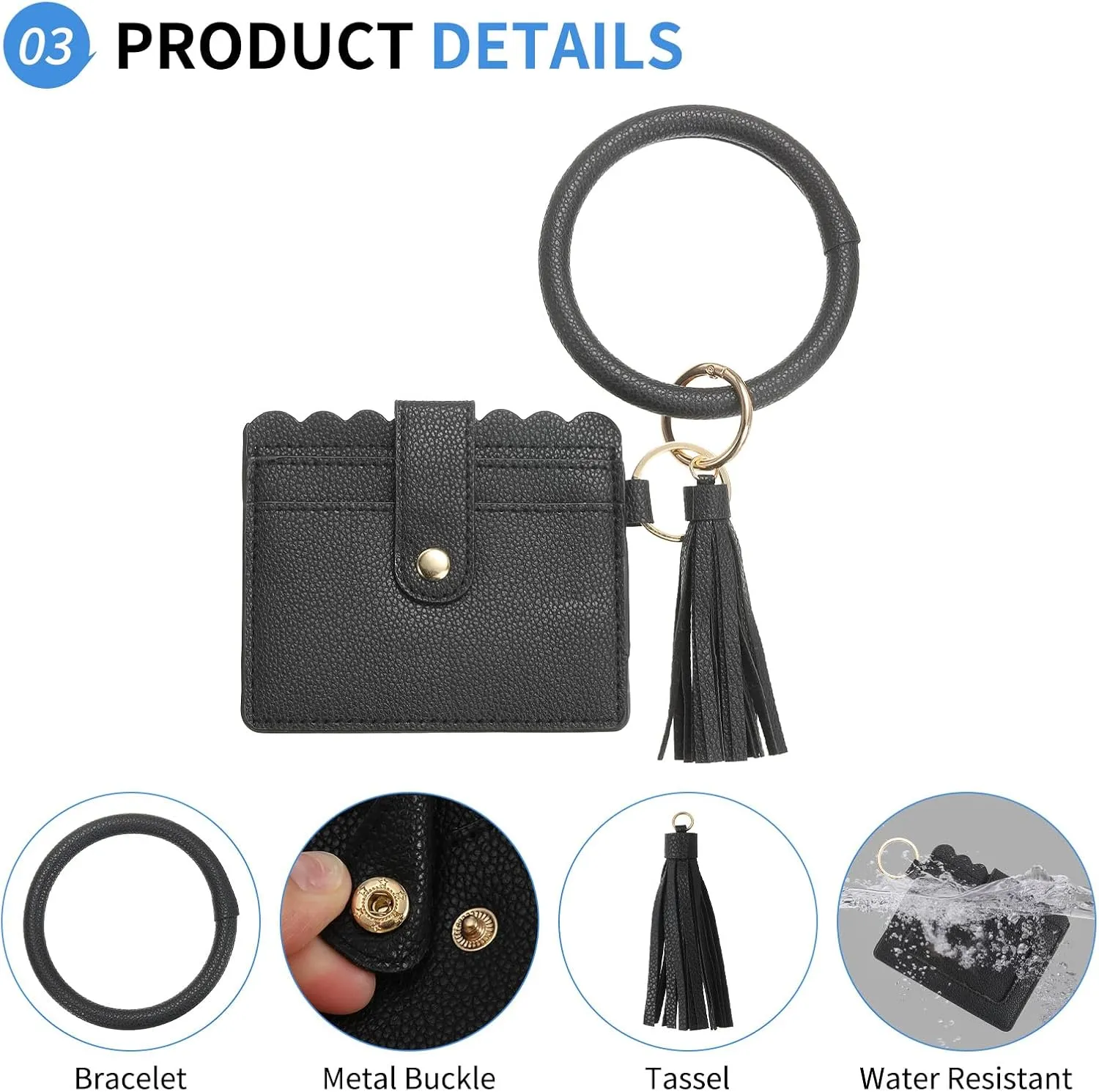 Card Holder Wallet with Keychain Wristlet, Slim PU Leather Wallet for Women, Compact and Lightweight Design for Daily Use, Black