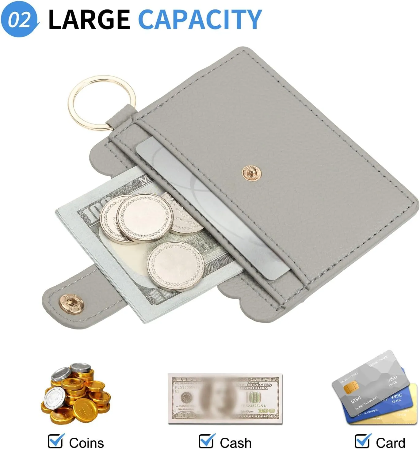 Card Holder Wallet with Keychain Wristlet, Slim PU Leather Wallet for Women, Compact and Lightweight Design for Daily Use, Gray
