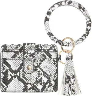 Card Holder Wallet with Keychain Wristlet, Slim PU Leather Wallet for Women, Compact and Lightweight Design for Daily Use, White Snake