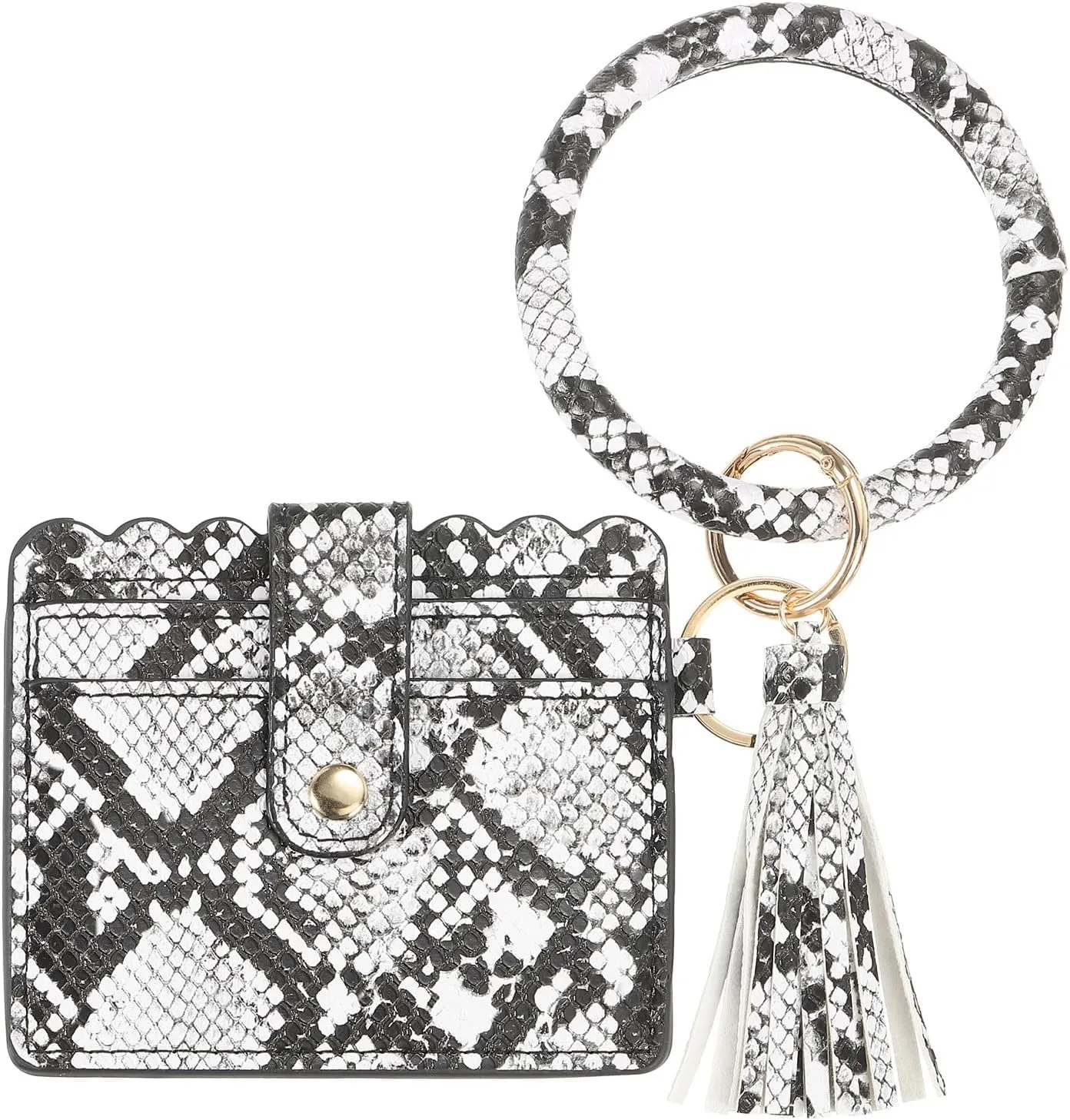 Card Holder Wallet with Keychain Wristlet, Slim PU Leather Wallet for Women, Compact and Lightweight Design for Daily Use, White Snake