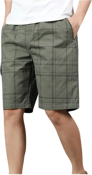 Cargo Shorts for Men Trendy Plaid Print Outdoor Shorts Multiple Pockets Work Shorts Lightweight Elastic Waist Shorts