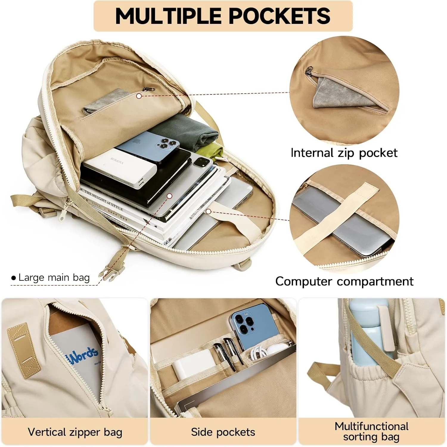 Casual Backpack for Men Women with 15.6 Inch Laptop Compartment, Waterproof Daypack Backpack for College Travel Work Daily Use, khaki, 20L