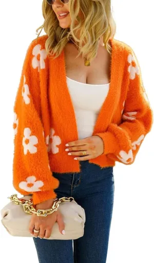 chouyatou Women's Fuzzy Daisy Printed Cropped Cardigan Open Front Jacquard Knit Sweater Tops