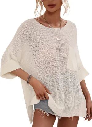 chouyatou Women's Oversized Short Sleeve Crochet Sweater Tops Beach Cover Up Summer T-Shirt