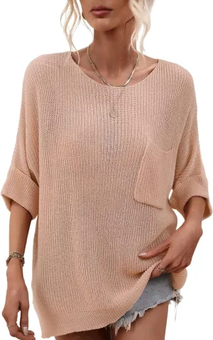 chouyatou Women's Oversized Short Sleeve Crochet Sweater Tops Beach Cover Up Summer T-Shirt