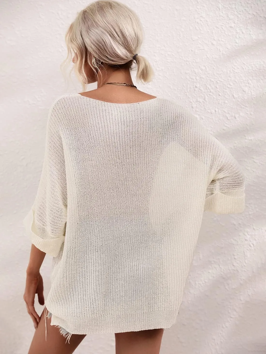 chouyatou Women's Oversized Short Sleeve Crochet Sweater Tops Beach Cover Up Summer T-Shirt