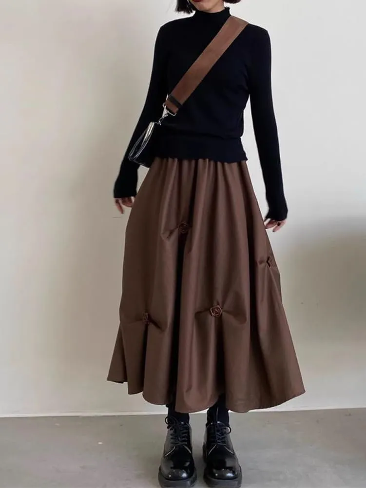 chouyatou Women's Retro Floral Applique Elastic Waist A Line Pleated Swing Midi Long Skirt