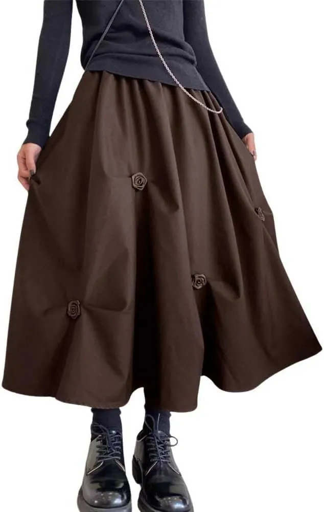 chouyatou Women's Retro Floral Applique Elastic Waist A Line Pleated Swing Midi Long Skirt