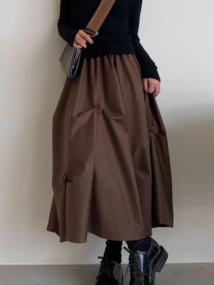 chouyatou Women's Retro Floral Applique Elastic Waist A Line Pleated Swing Midi Long Skirt