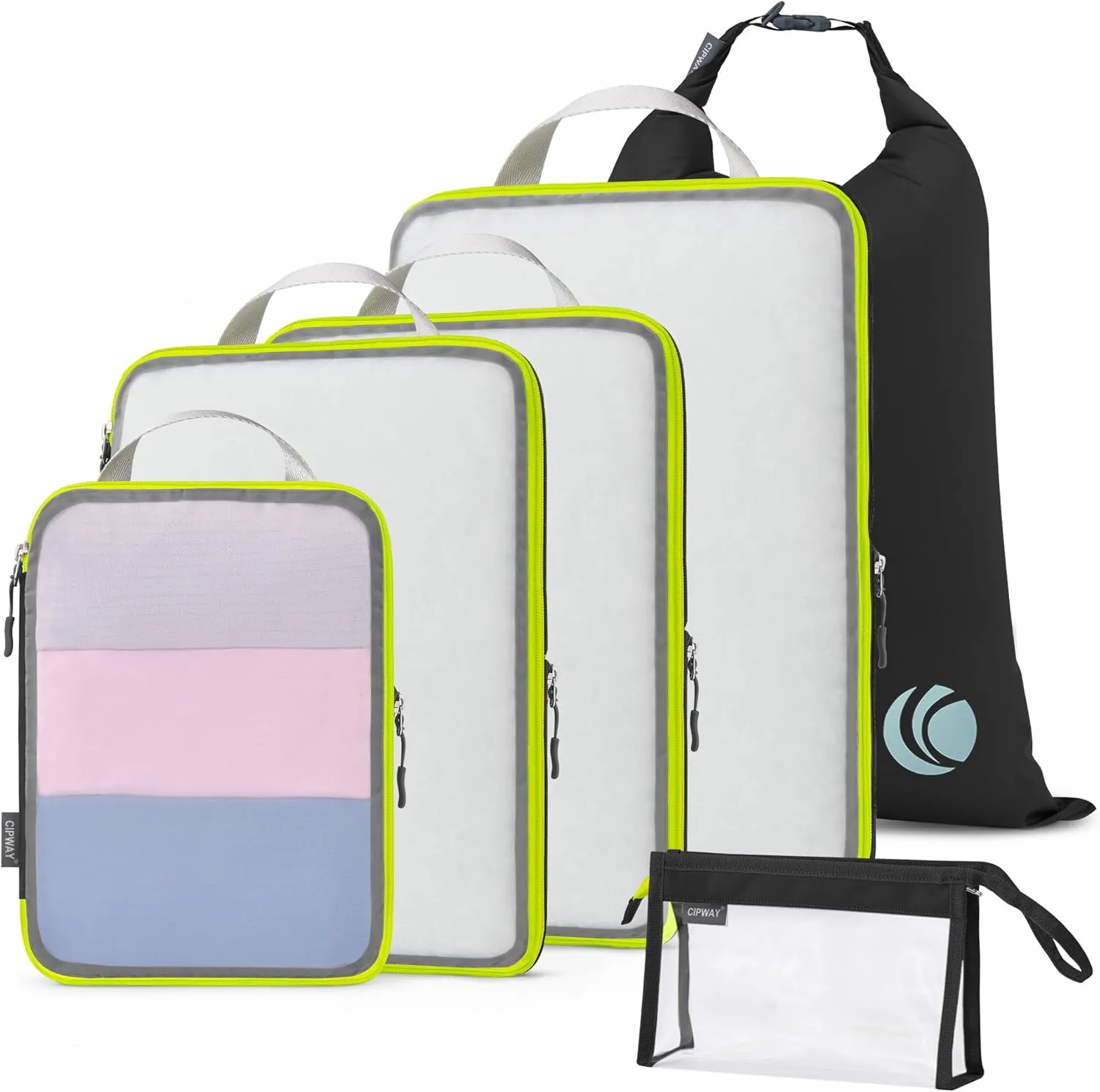 Cipway Compression Packing Cubes, See Through Mesh Luggage Organizer Bags, Travel Essentials for Carry on Suitcase with Laundry Bag and Clear Toiletries Bag6Pcs,Black