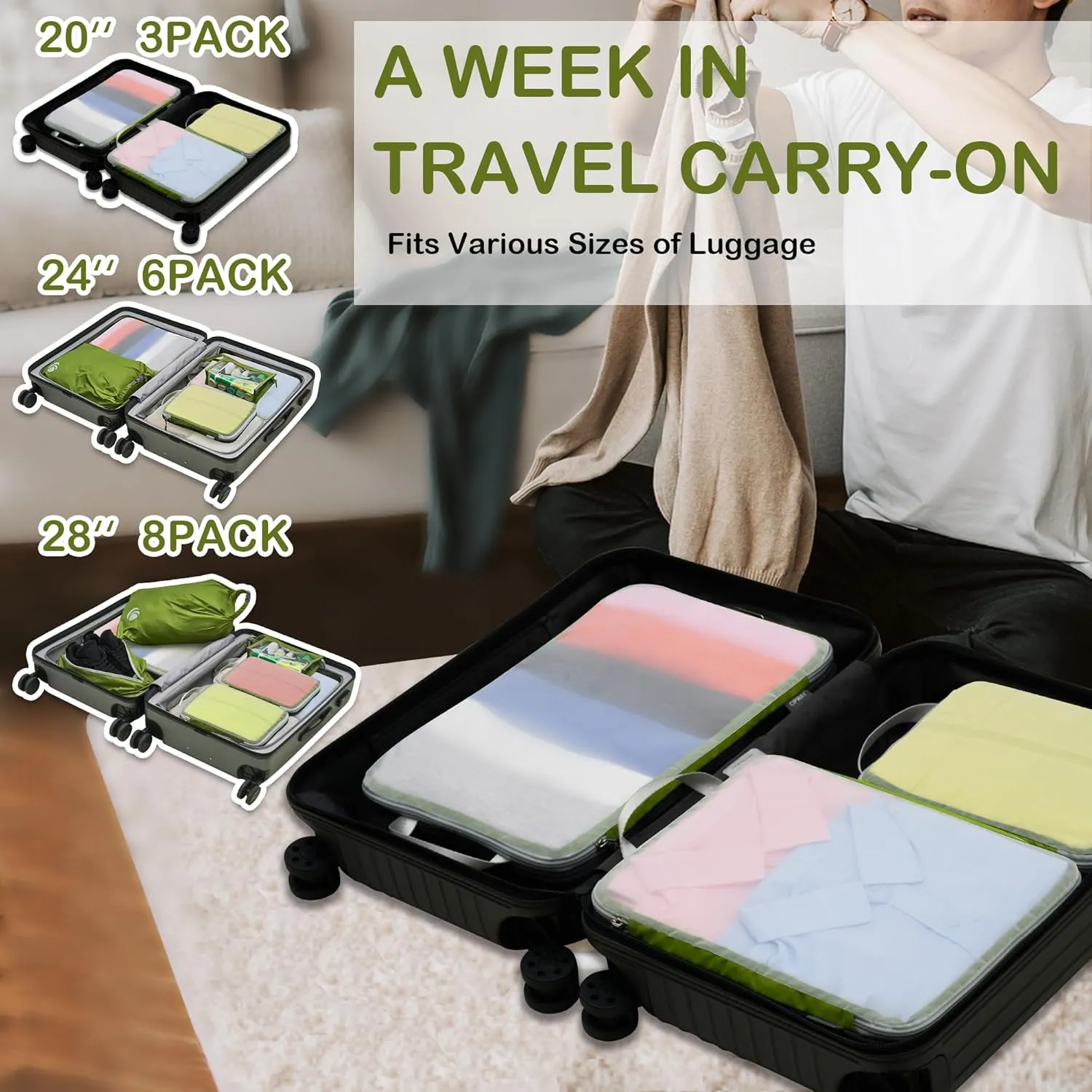 Cipway Mesh Compression Packing Cubes, Ultralight See Through Luggage Organizer Bags, Travel Essentials for Carry on Suitcase3 Pcs,Green
