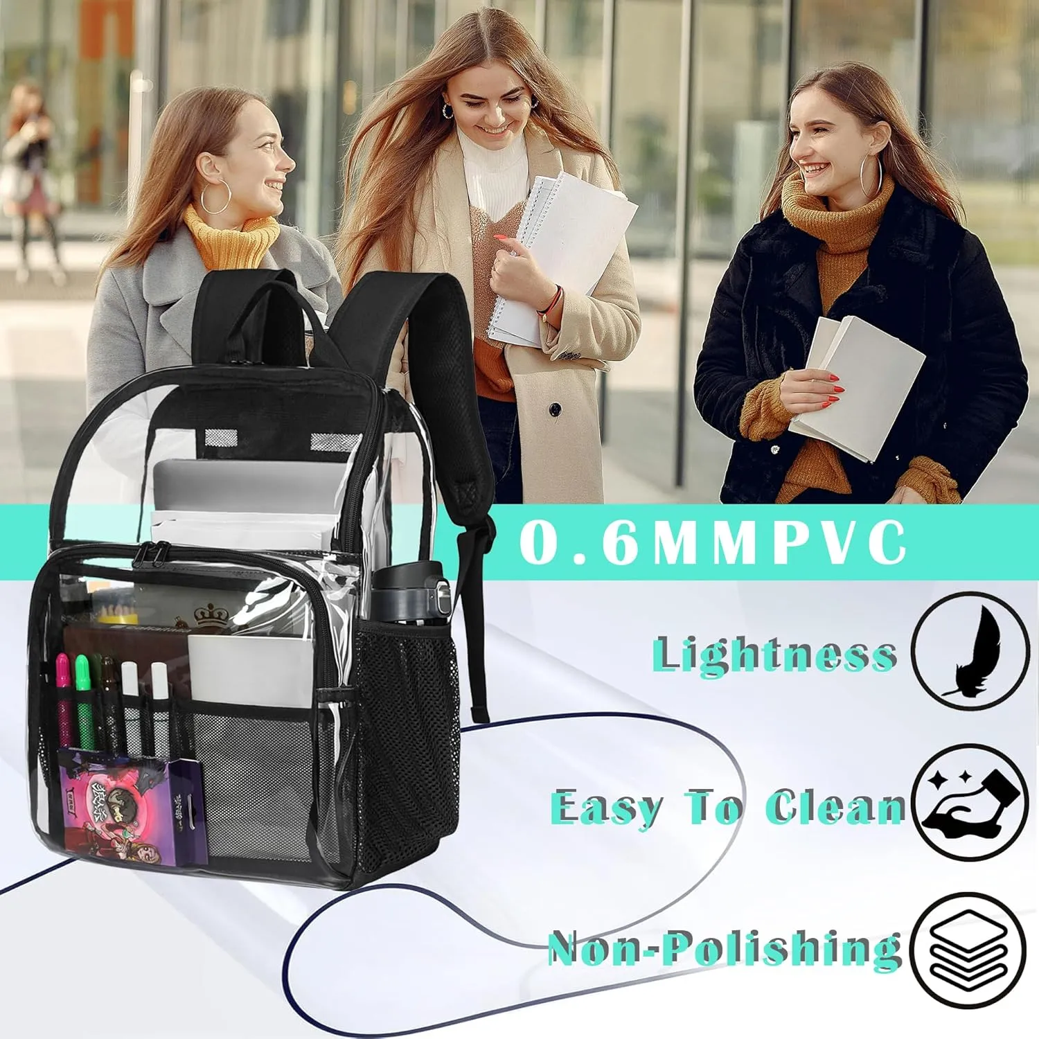 Clear Backpacks for School,18'' Large Clear Backpack Heavy Duty Clear Backpack See Through Backpack Clear Bookbag for Student,School,Work,Travel,Light Purple
